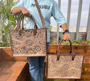 Large Western Concealed Carry Tooled Leather Briefcase <b>Laptop</b> Shoulder <b>Handbag</b> Brown Hand Tooled Tote Bag Genuine Leather Purse - Product Image 3