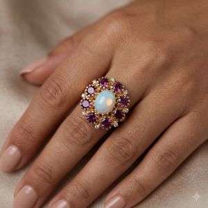 Vintage Gold Plated <b>Opal</b> Cluster <b>Ring</b> Classic Channel Setting Women's Anniversary Wedding Everyday Wear Jewelry - Product Image 5