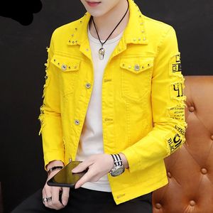 Veste en jean jaune pour homme, coupe ajustée décontractée, col rabattu, boutons, motifs à patchs, impression de lettres, logo frontal, respirante, finition soignée - Product Image 2