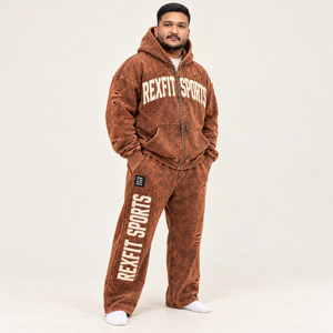 Custom Label unisex Acid Washed Fleece <b>Full</b> <b>Zip</b> <b>Hoodie</b> Wide Leg Sweatpants Applique Casual Tracksuit winter wear - Product Image 2