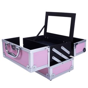 Portatile per il trucco in alluminio rosa con doppia apertura superiore con manico a specchio professionale di bellezza organizzatore cosmetico - Product Image 4