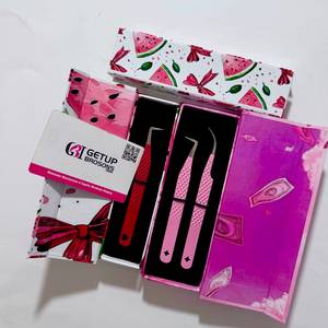 Premium Custom Tools Stainless Steel Pink Dollar Watermelon <b>Bow</b> Theme Lash Set 90 Degree Curve 10mm Tweezer Perfect Grip - Product Image 1