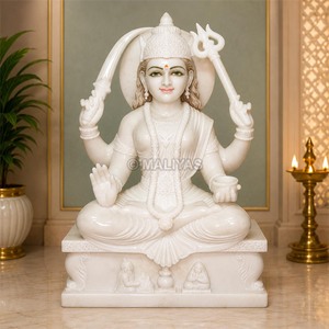 Idole de Santoshi Maa en marbre blanc |   Statue de la déesse Santoshi Mata en marbre fait main avec trident et épée |   MALIYAS Jaipur - Product Image 1