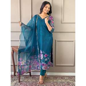 DISEÑADOR ORGANZA BORDADO Y PANTALÓN SUPERIOR DE TRABAJO DE IMPRESIÓN DIGITAL CON DUPATTA SKY - Product Image 1