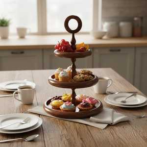 UO Craft Personalized Round Wooden Serving Tray Minimalist Design Wooden 3 Tier <b>Storage</b> Stand Rustic Eco-Friendly Living Room - Product Image 5