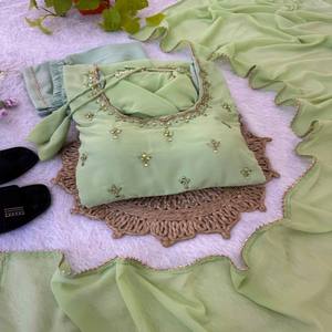 Robe en Georgette pour femme VASTRA COTTAGE avec broderie miroir faite main, manches longues, jupe ample, doublure en coton beurre et dupatta - Product Image 1