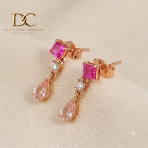 Boucles d'oreilles en or rose massif 14 carats, diamant de laboratoire certifié IGI, tourmaline rose et saphir Padparadscha pour femme - Product Image 2