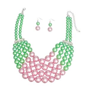 Ensemble collier et boucles d'oreilles en perles roses et vertes pour femme, bijoux fantaisie à grosses perles, collier tendance, accessoire de fête, cadeau - Product Image 5