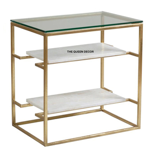 Furniture Supplies Accessories Steel Metal Marble and Transparent Glass Top 3 Layer <b>Gold</b> Antique Finish Coffee <b>Table</b> - Product Image 1