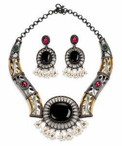 Two Tone Oxidized Silver <b>Necklace</b> & Earring Set Onyx <b>Ruby</b> Green Pearl Drops-Bohemian Engagement Wedding Gift Jewelry for Women - Product Image 1