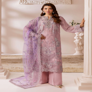 Robe pakistanaise élégante en mousseline brodée, Salwar Kameez pour femme, coupe ample, longueur ras du sol, tenue de mariage, couleur violette - Product Image 6