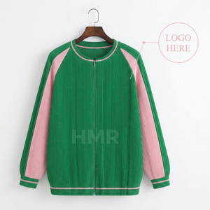 Cárdigan de Punto Acrílico Verde y Rosa HMR, Estilo Sorority, Manga Larga, Cuello Redondo, Cierre de Cremallera - Product Image 5