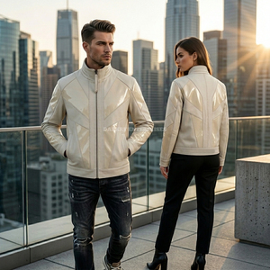 Custom Mens Cream Leather <b>Jacket</b> Supplier Wholesale High End Glossy Paneled Urban Streetwear Outerwear Fashion Moto <b>Racer</b> Coat - Product Image 5