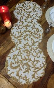 Embroidered Cotton Table <b>Runner</b> Plant Pattern Classic Style Beige Gold Home Decor <b>Washable</b> - Product Image 5