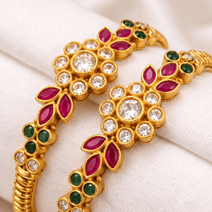 Juego de Brazaletes Tradicionales de Imitación de Oro con Rubíes, Esmeraldas y Piedras Blancas, Joyería Étnica Clásica para Bodas, para Mujeres y Niñas - Product Image 3
