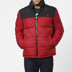<b>Men's</b> Red Puffer <b>Jacket</b> Color Blocking Stand Collar Zipper Closure Windproof Winter Casual Wear Front Logo Quick Dry - Product Image 2