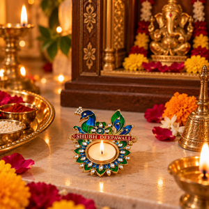 Diya en laiton avec motif paon et travail miroir Shubh Deepawali pour la décoration de la maison, la Puja, la décoration festive et les cadeaux, décoration traditionnelle - Product Image 2