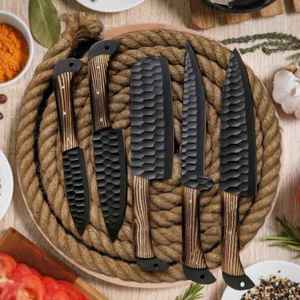 Handmade Damascus Steel <b>Knife</b> <b>Set</b> 5-Piece Wood Handle Chef <b>Knives</b> Straight Edge <b>Sharp</b> Kitchen Cutlery - Product Image 4