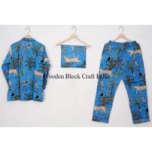 New Design Soft and Breathable Material Pure Cotton jungle Printed Designer Night Suits <b>Top</b> and Pajama Sets from India Wholesale - Product Image 3