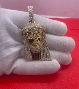 Pendentif Tête de Jésus pour Femme, entièrement serti de Moissanite, style Hip Hop, en Argent Sterling 925 Plaqué Or, Bijou Cadeau Religieux - Product Image 1