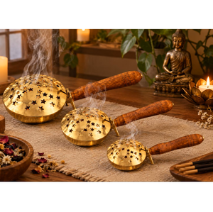 Brûleur d'encens en laiton fait main de qualité supérieure avec poignée en bois, porte-bakhoor indien, diffuseur d'aromathérapie, porte-encens - Product Image 4