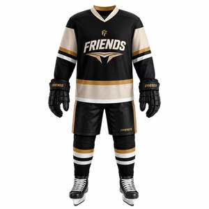 Ice Hockey Uniform Set Black Gold White Sublimation Jersey Pant Gloves <b>Men</b> Adult Breathable - Product Image 1