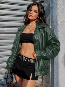 Blouson Bomber en Cuir PU pour Femme, Couleur Unie, Col Rabattu, Manches Longues, Fermeture Éclair, Idéal pour l'Automne - Product Image 6