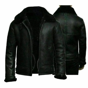 Men Genuine Leather Moto Biker <b>Jacket</b> Turn-down Collar Zipper Front Faux <b>Fur</b> Lining Winter Solid Color Regular Fit - Product Image 3
