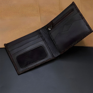 Saffiano Texture Men <b>Wallet</b> Dark Brown Leather Bifold Zipper Pocket Mesh ID Window Geometric Card Slot Classic <b>Cash</b> Compartment - Product Image 2