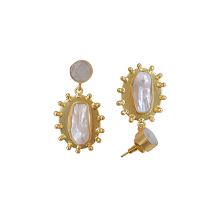 Boucles d'oreilles pendantes ovales en laiton plaqué or avec perles baroques, faites à la main, pour femme, bijoux de mode et de déclaration pour fiançailles - Product Image 2