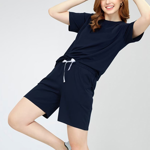 Women's Navy Blue Two-Piece <b>Set</b> Sleeveless Strapless Top Knee-Length Shorts Casual Regular Fit Summer Wear Polyester/Cotton - Product Image 4