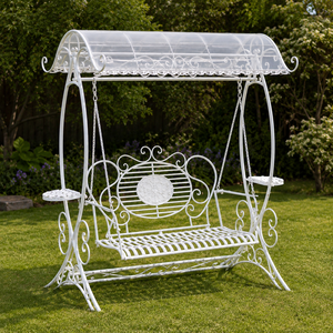 Banc balançoire de jardin en fer forgé blanc avec auvent, Jhula d'extérieur ornée avec étagères latérales pour mobilier de jardin - Product Image 3