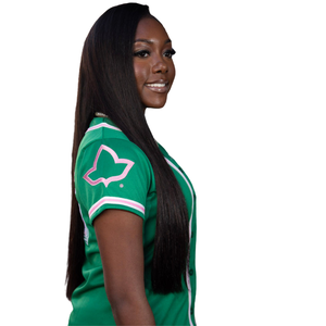 Camiseta de Béisbol Personalizada Verde para Mujer con Bordado, Manga Corta, Cierre de Botones, Ribete Rosa y Blanco, Número 08, Ropa Deportiva Informal - Product Image 3