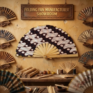 Éventail pliant artisanal indonésien en tissu batik courbé, avec nervures en bambou naturel, cadeau culturel traditionnel, accessoire artisanal - Product Image 6