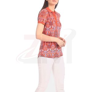 Women's Geometric Print <b>Polo</b> Shirt Short Sleeve <b>Orange</b> Casual Woven Breathable 100% Polyester - Product Image 4