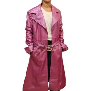 Manteau trench long rose en cuir véritable pour femme, style OEM, avec ceinture à boucle |   Manteau long sur mesure - Product Image 1