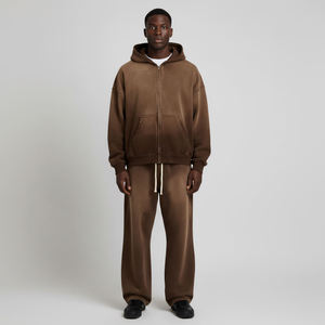 Ensemble de survêtement pour homme en molleton de coton marron, comprenant un sweat à capuche zippé surdimensionné et un pantalon de survêtement à jambes larges, décontracté deux pièces - Product Image 4