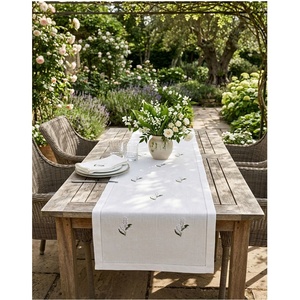Wholesale Customized White Linen Table <b>Runners</b> Embroidered Lily of the Valley Hemstitch <b>Runner</b> <b>Washable</b> Durable Home Events - Product Image 1