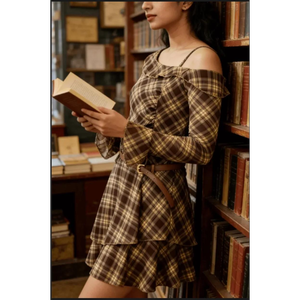 Women’s Vintage Plaid Off-Shoulder Ruffle Mini Dress with Belt – Long Sleeve Layered Skirt Street Style Dress - Product Image 4