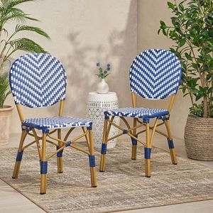 Set di 2 Sedie da Bistrot Senza Braccioli in Alluminio e Rattan PE con Finitura Effetto Bambù Blu Navy per Esterni - Product Image 1