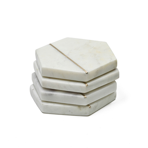 Exclusive Handcrafted White Marble Coaster <b>Set</b> Featuring Elegant Brass Strip Inlay Natural Stone Luxury <b>Dining</b> <b>Table</b> Accessory - Product Image 3