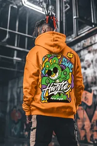 Orange Cartoon Print Hooded Sweatshirt Men Streetwear Oversized <b>Back</b> Logo Plastisol Cotton Knitted Autumn Fit - Product Image 1