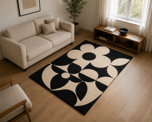 Tapis en laine tufté à la main pour salon, motif rétro marguerite géométrique noir crème, style scandinave années 70, design personnalisé - Product Image 3