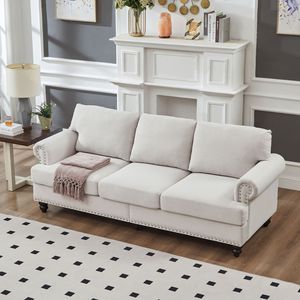 Divano Moderno Classico a Tre Posti da 83 Pollici per Soggiorno, Rivestito in Poliestere Beige con Borchie, Design Moderno Classico - Product Image 1