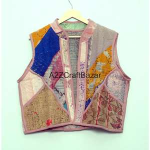 Chaleco Kantha Hecho a Mano 100% Algodón Puro para Mujer, Estampado Floral, Sin Tejido, para Primavera/Otoño, con Mangas Cortas - Product Image 6