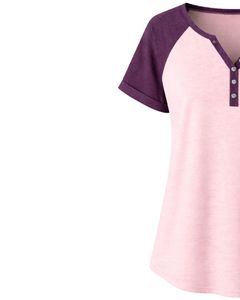 T-shirt pour femme rose poudré et violet prune, col Henley, manches courtes raglan, en coton doux, coupe décontractée ample, respirant, idéal pour l'été - Product Image 4