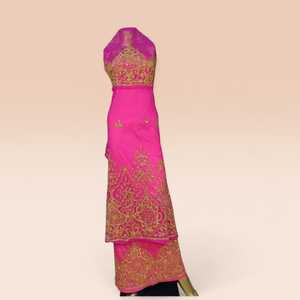 Tela George de Lujo Color Rosa Coral con Cuentas y Bordado de Cristales Dorados para Bodas y Fiestas Nigerianas - Product Image 4