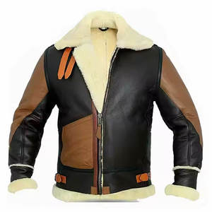 Blouson aviateur en cuir véritable pour homme avec doublure en fausse fourrure, design color block, coupe-vent, style motard, vêtement d'hiver - Product Image 1