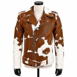 Men's Brown <b>White</b> Cowhide Leather <b>Biker</b> <b>Jacket</b> Turn-down Collar Animal Print Zipper Closure Winter Thick Fit Waterproof - Product Image 3