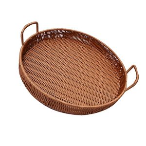Plateau de service rond en rotin tressé à la main de luxe avec poignées, plateau décoratif en osier pour petit-déjeuner, table basse ou ottoman - Product Image 3